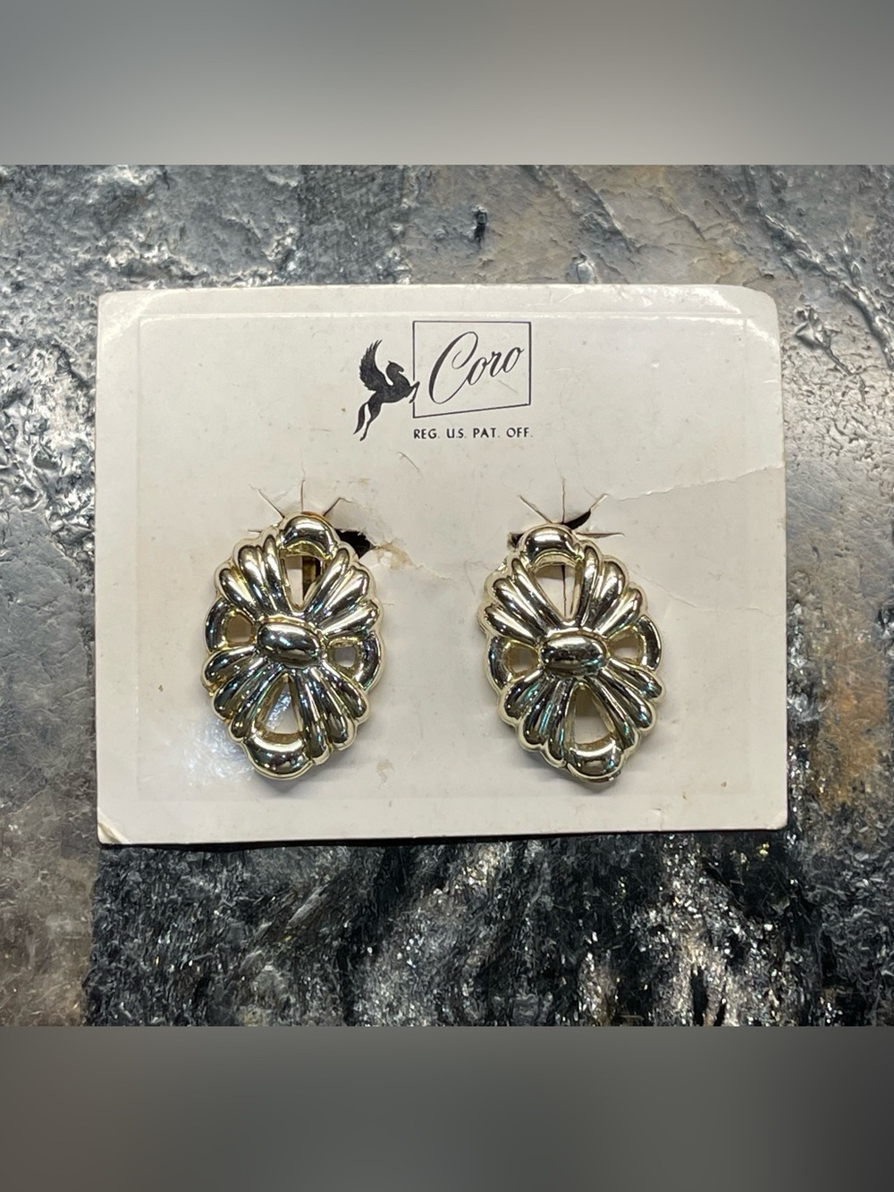 VTG Coro Shiny Gold Floral Clip-On Earrings